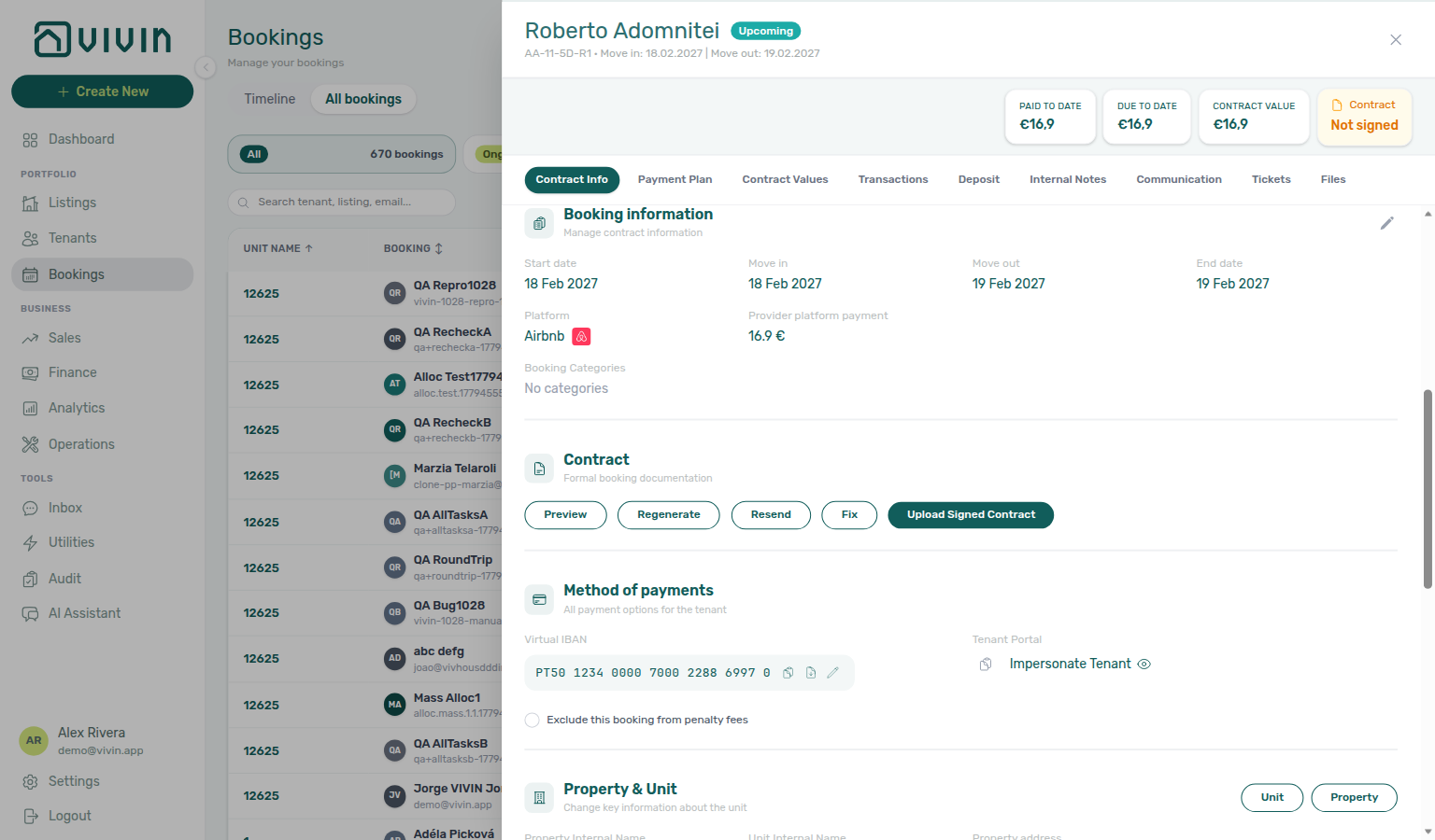 Booking detail — Contract Info Booking information for an Upcoming Airbnb stay: dates, Airbnb platform badge, and Provider platform payment only