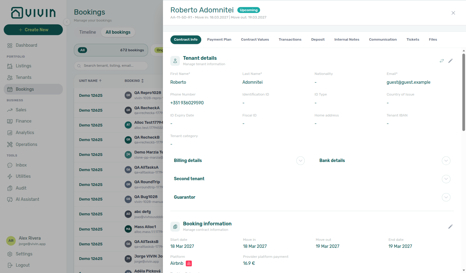 Booking detail — Contract Info dates-only card with Airbnb platform badge and Provider platform payment 16.9 €