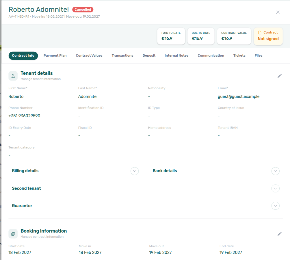 Booking detail — OTA stay with insights bar showing equal Paid / Due / Contract Value