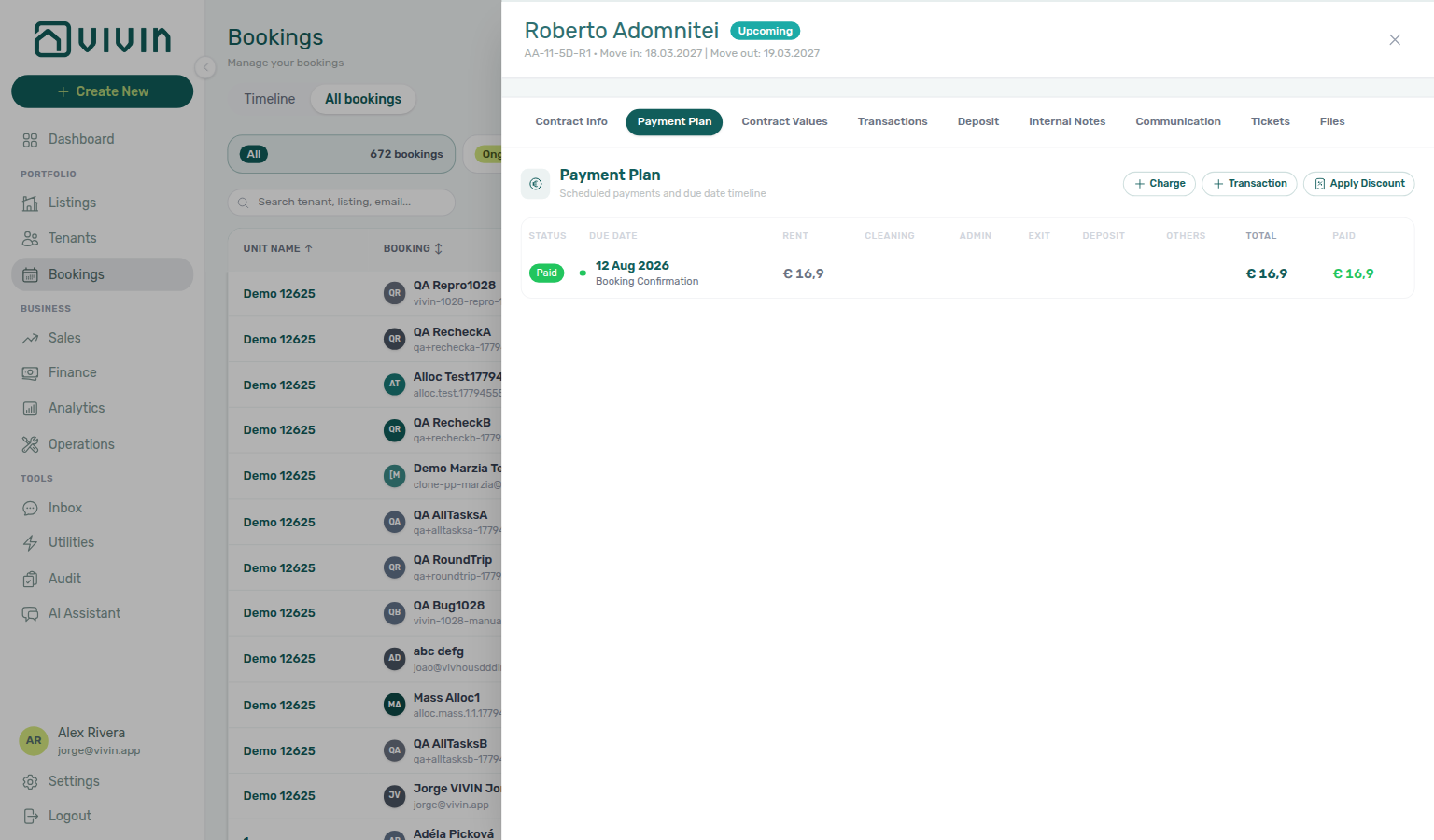 Booking detail — Payment Plan Paid rent line of € 16.9 matching the Airbnb payout