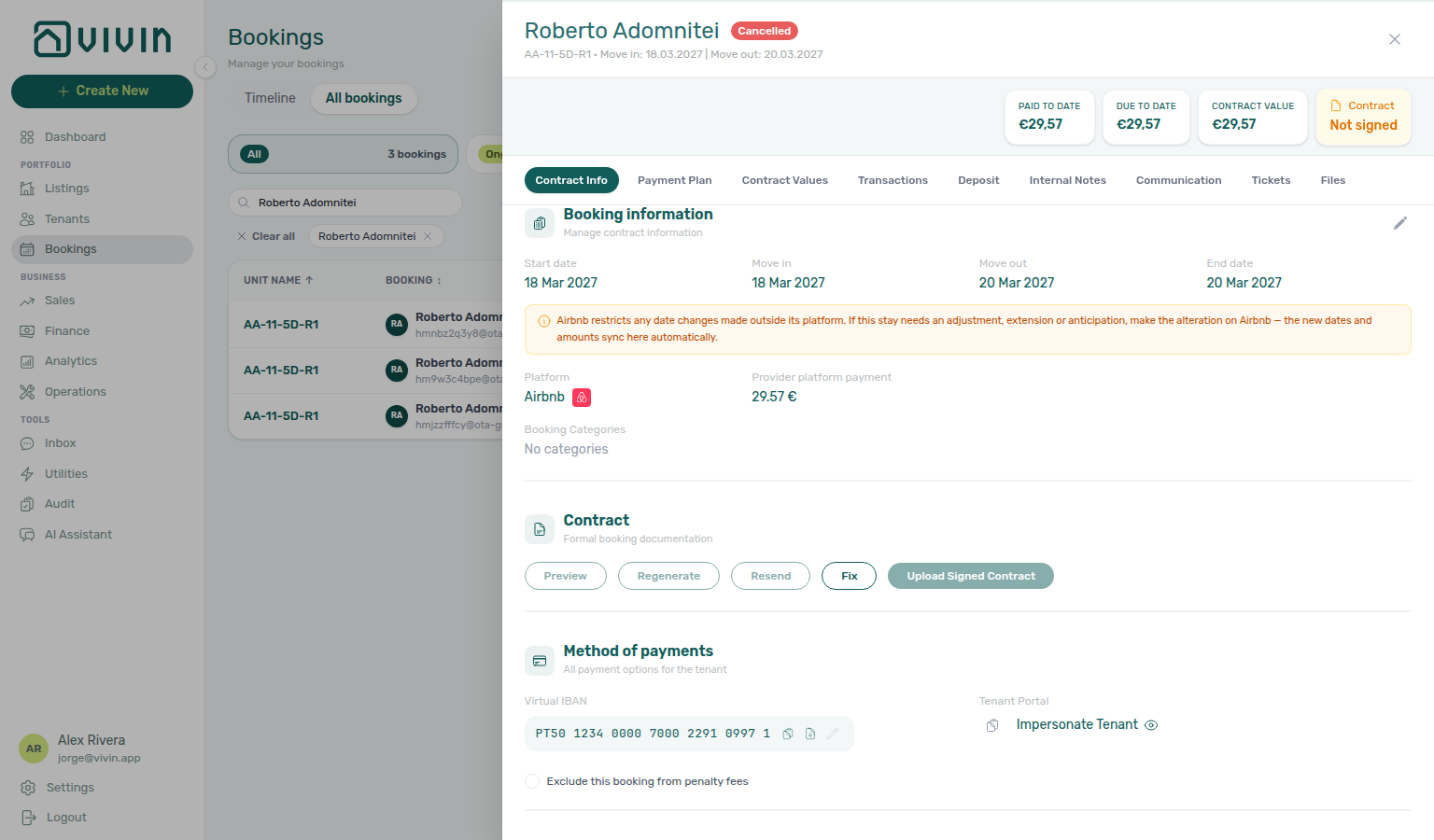 Booking detail — Contract Info for a cancelled channel-manager stay: Airbnb platform badge, amber Airbnb date note, Provider platform payment 29.57 €