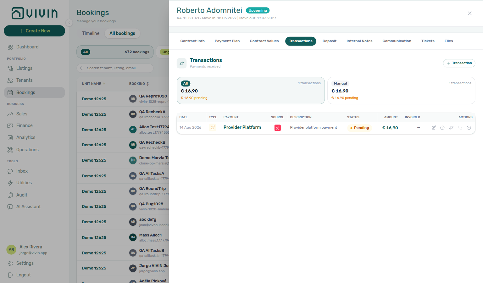 Booking detail — Transactions Provider Platform in-payment from Airbnb for € 16,90