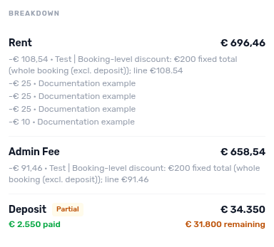Booking detail — Payment plan tab, due-date breakdown with discount adjustment lines under a charge