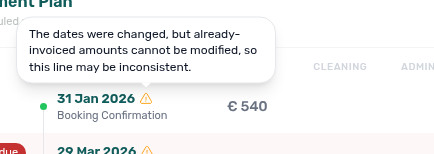 Payment Plan — hover tooltip on amber warning: already-invoiced amounts cannot be modified after a date change