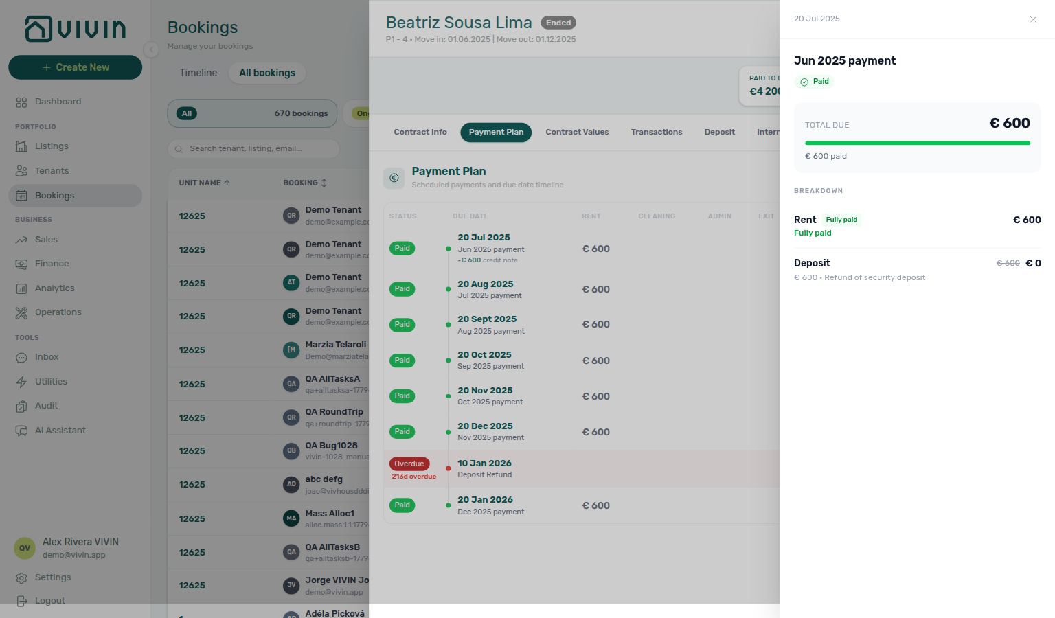 Booking Payment Plan breakdown — Deposit line with Refund of security deposit after credit note
