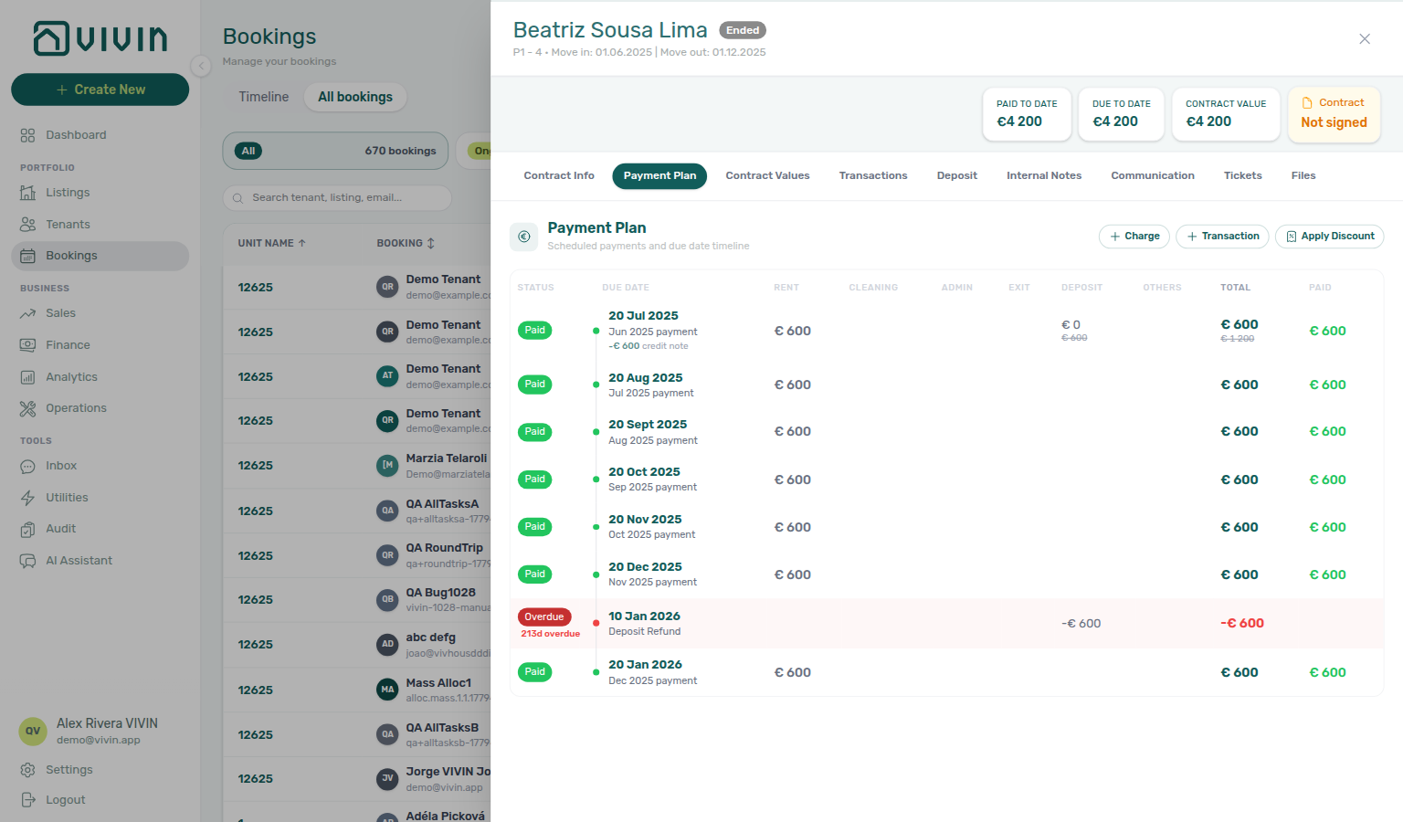 Booking Payment Plan — deposit column with −€ credit note after Mark refunded