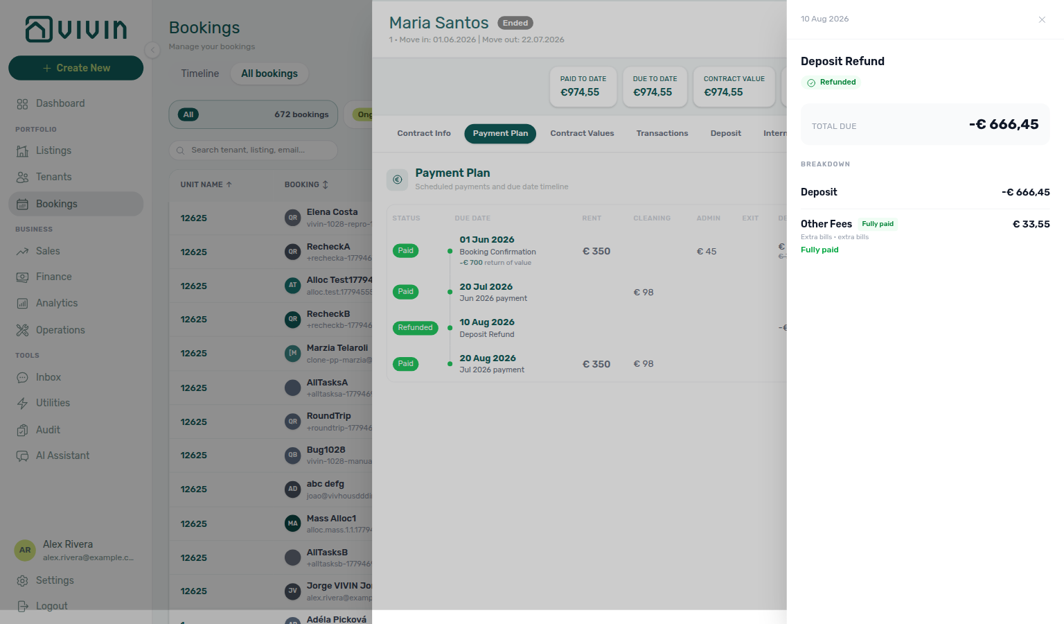 Booking detail — Payment Plan Deposit Refund breakdown panel showing Refunded status and Total due