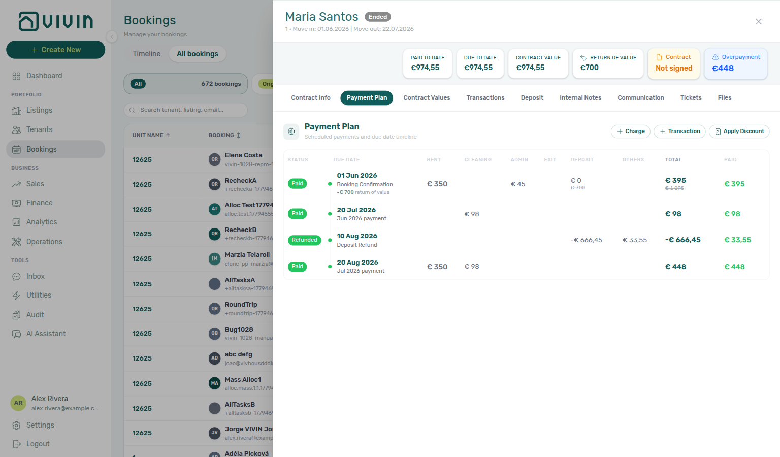Booking detail — Payment Plan Deposit Refund row with green Refunded status and Others on the same due date
