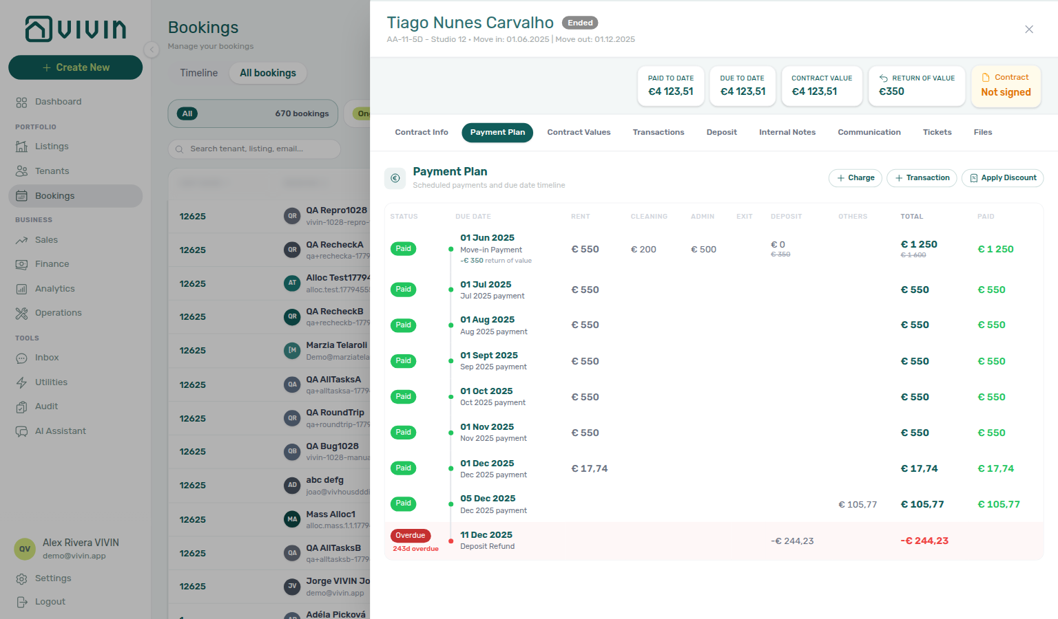 Booking Payment Plan — deposit column with −€ return of value after Mark refunded