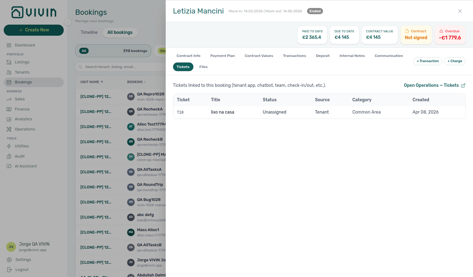 Booking detail — Tickets tab with linked maintenance rows (normal loaded state; Retry appears on the red banner when the tab fetch fails)