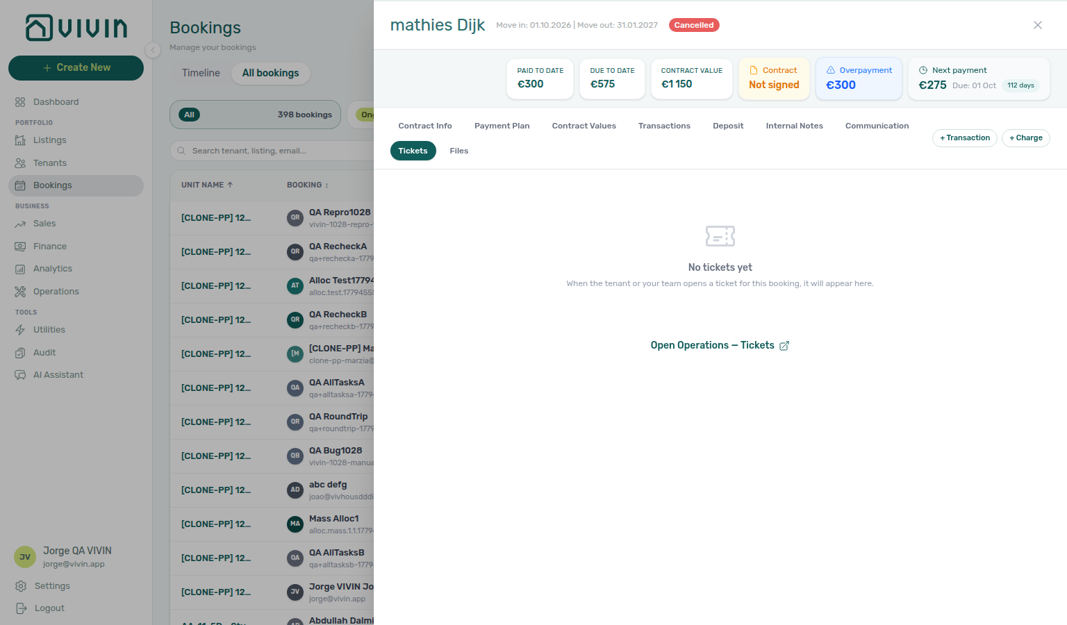 Booking detail — Tickets tab empty state with No tickets yet helper and Open Operations — Tickets link (example booking AA-11-5D-R7)