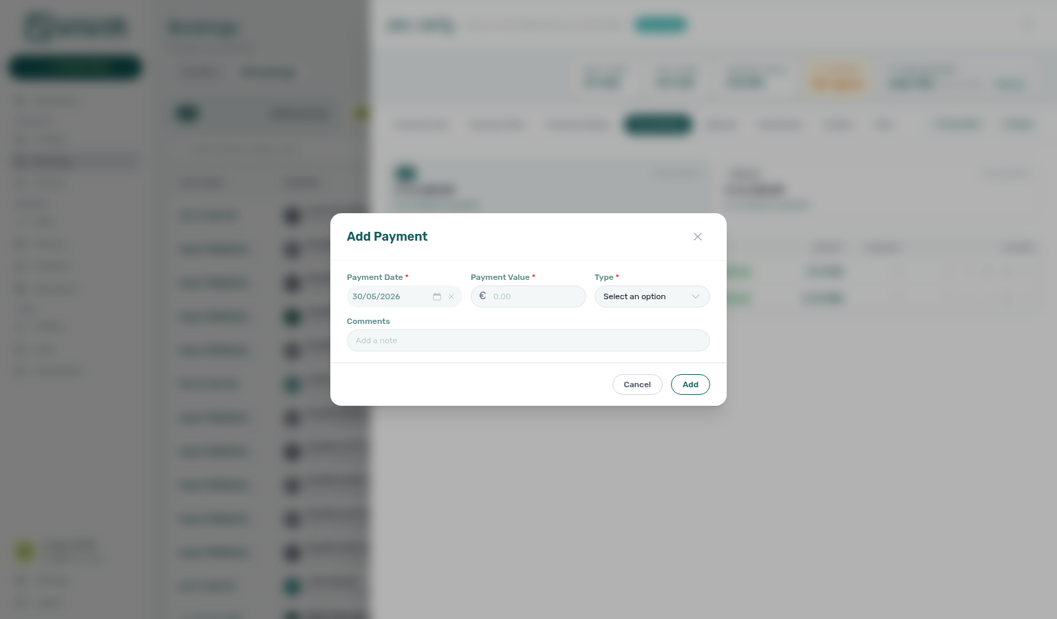 Booking detail — Add Payment modal opened from the booking Transactions tab via + Transaction
