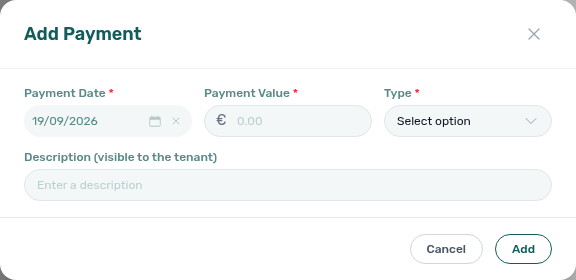 Booking detail — Add Payment modal (Payment Date, Payment Value, Type, Description)