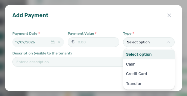 Add Payment — Type open with Cash, Credit Card, and Transfer (no Credit card (VIVIN))