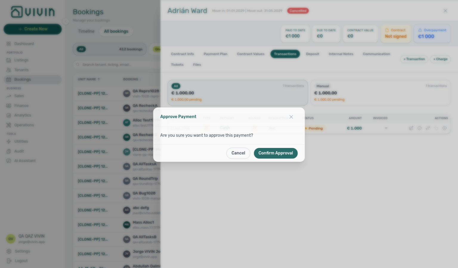 Booking detail Transactions — Approve payment confirmation modal