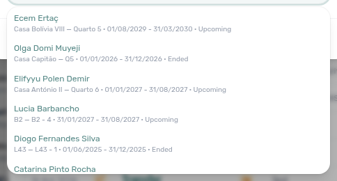 Booking detail — Assign destination picker open with property — unit · contract dates · status identity rows
