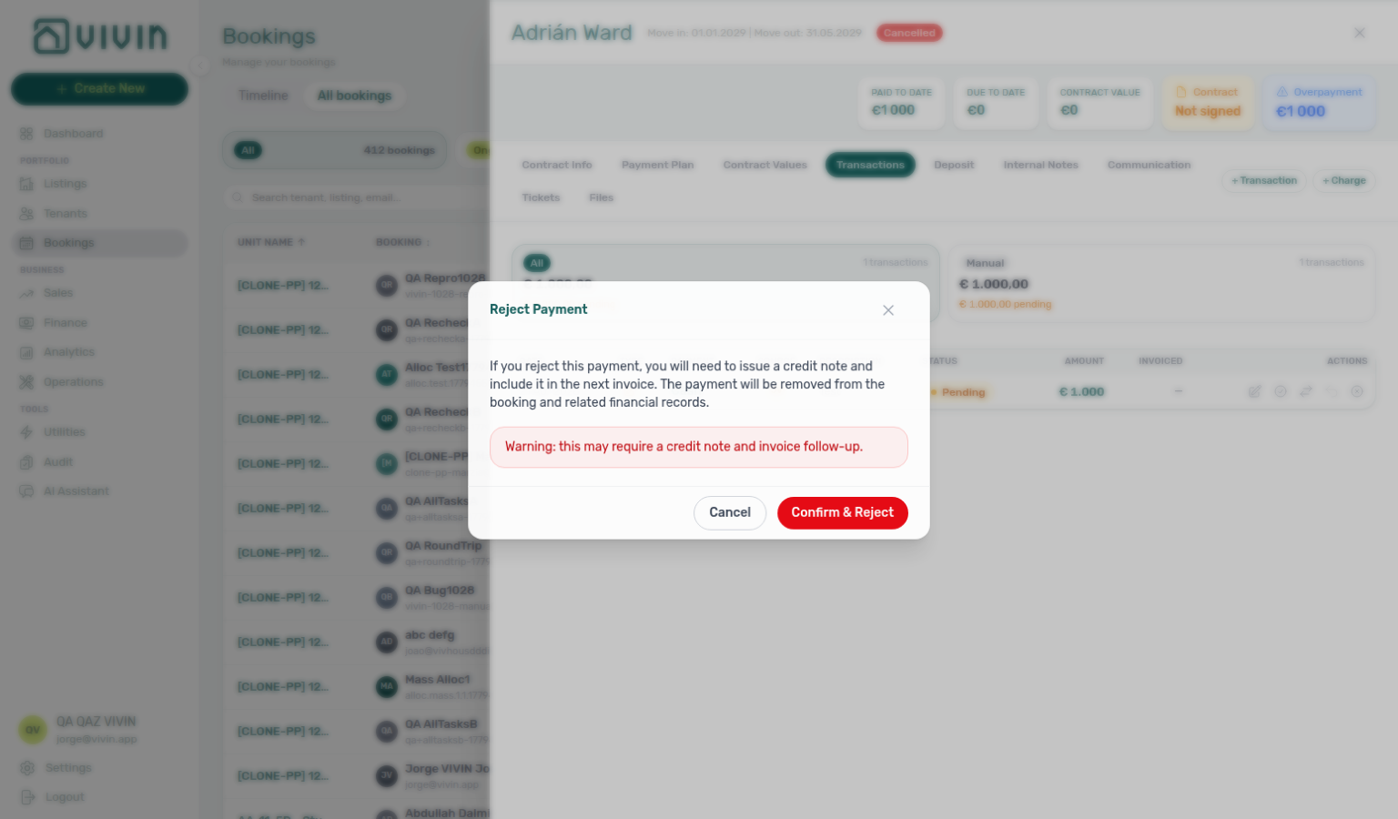 Booking detail Transactions — Reject payment confirmation with red credit-note warning banner