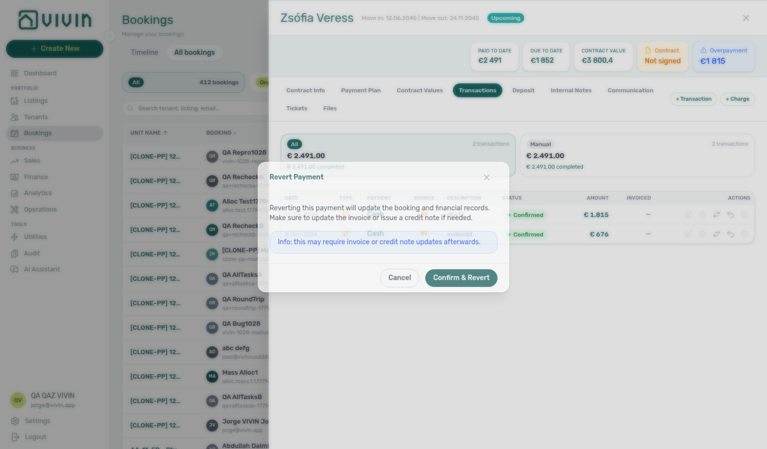 Booking detail Transactions — Revert payment confirmation with blue invoice follow-up info banner