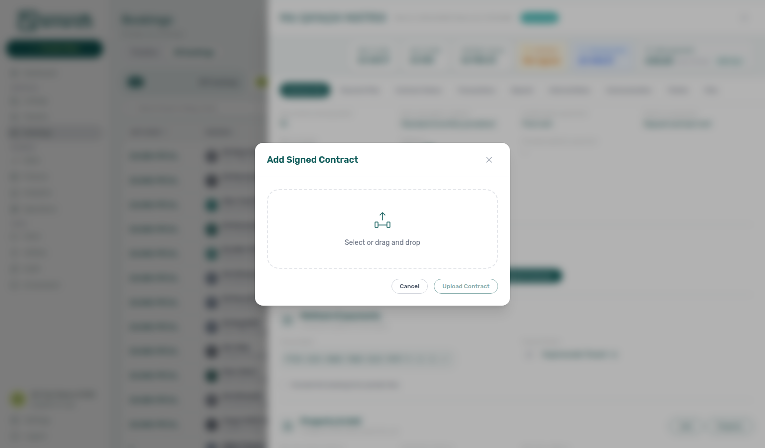 Add Signed Contract modal — drag-and-drop upload on Contract Info