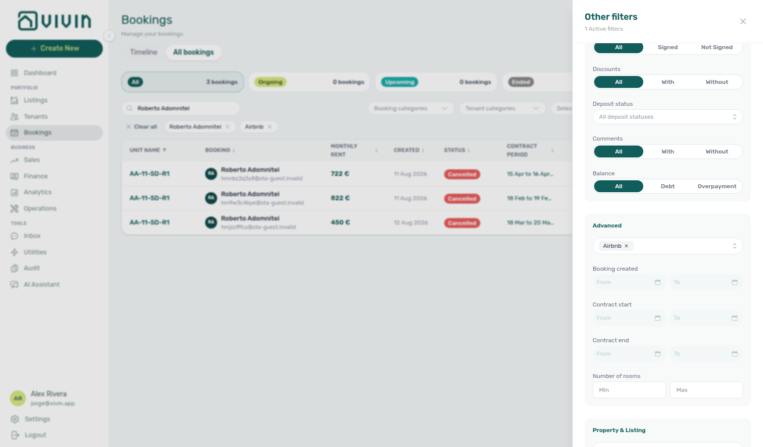 Bookings list — Airbnb source-platform chip on the same channel-manager stays
