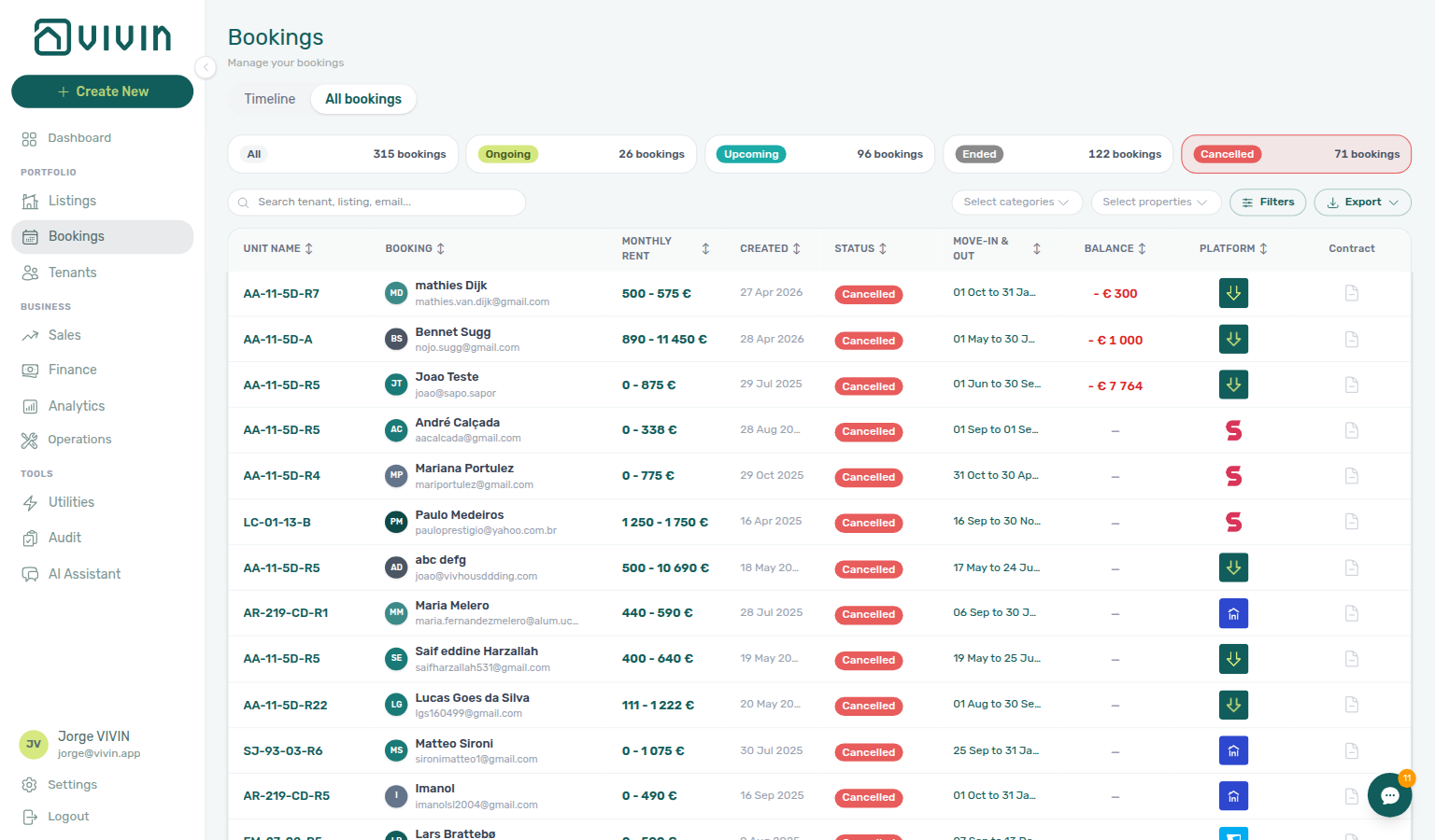 Bookings list — Canceled tab showing voided reservations still searchable in the directory