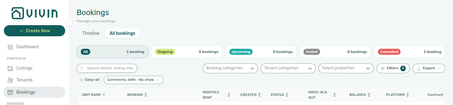 Bookings list — Filters badge and Comments: With · No show chip after comments search