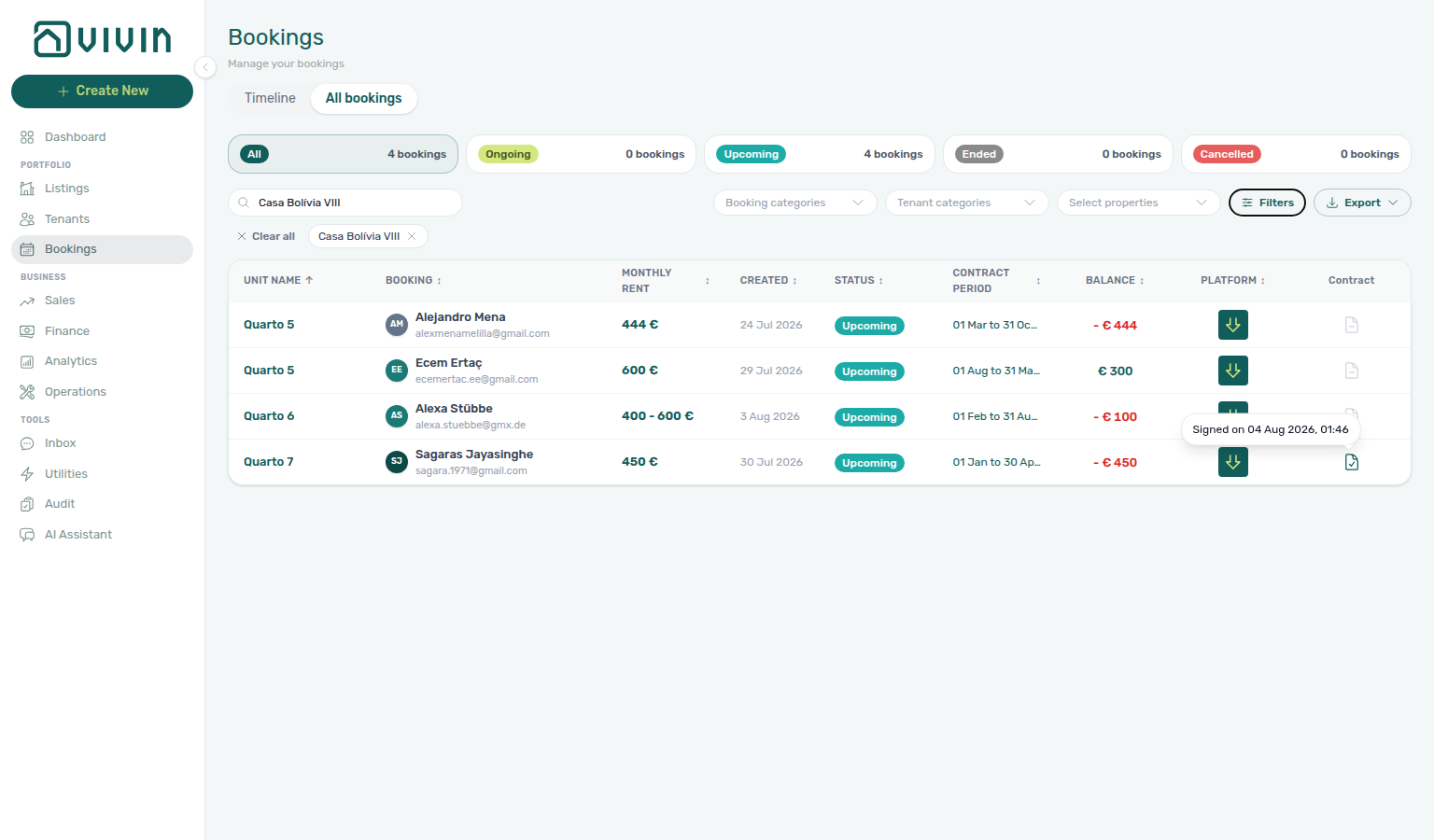 Bookings list — Contract column hover Signed on date for a signed stay
