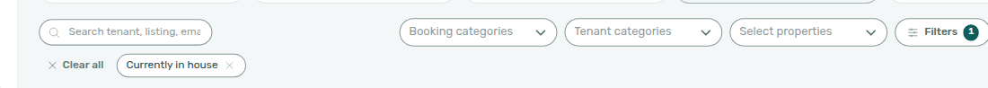 Bookings list — Filters badge and Currently in house chip