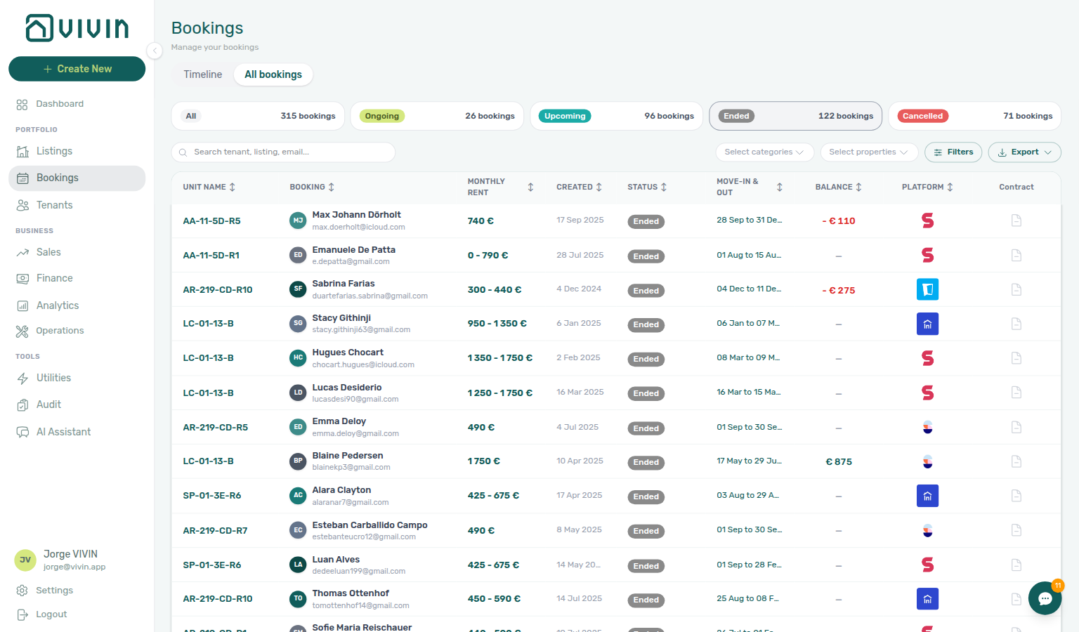 Bookings list — Ended filter with completed stays