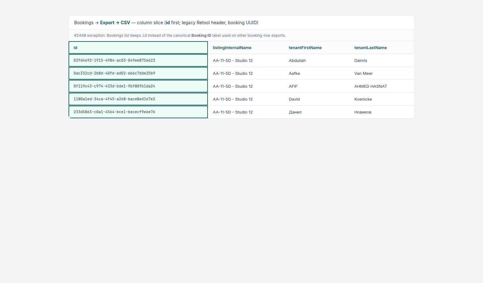 Bookings list — CSV export column slice highlighting id (booking UUID) before listingInternalName and tenant names