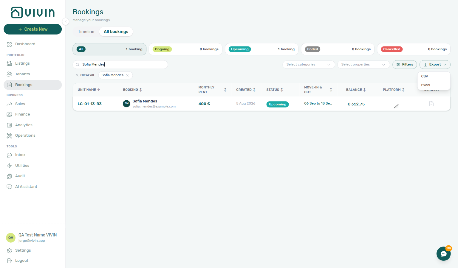Bookings list — Export menu open (CSV and Excel) with Sofia Mendes search filter