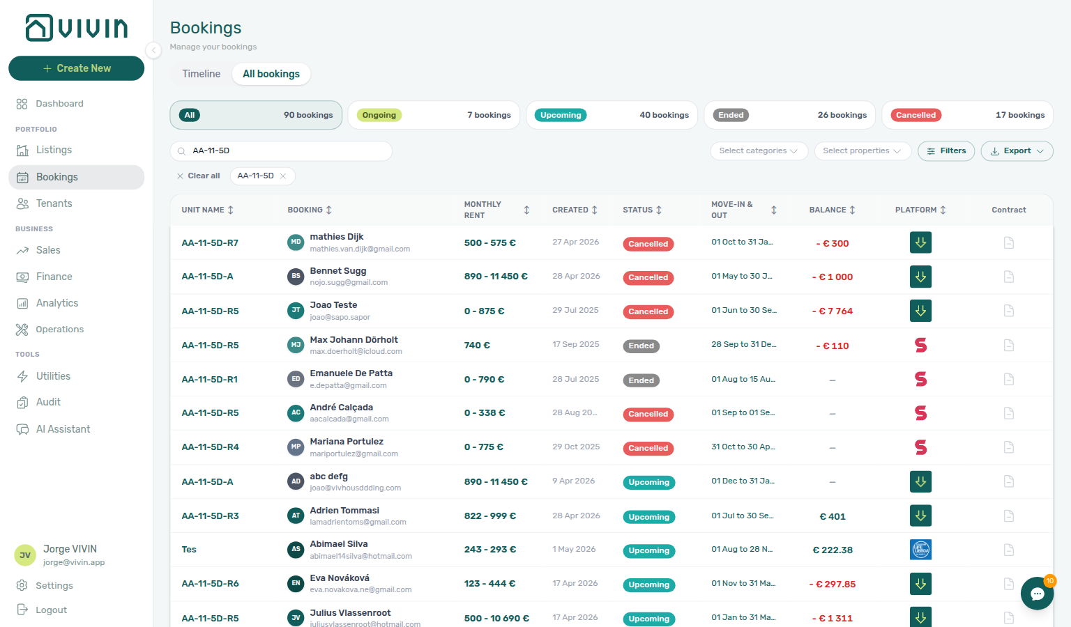 Bookings list — Export menu open (CSV and Excel) with filters applied