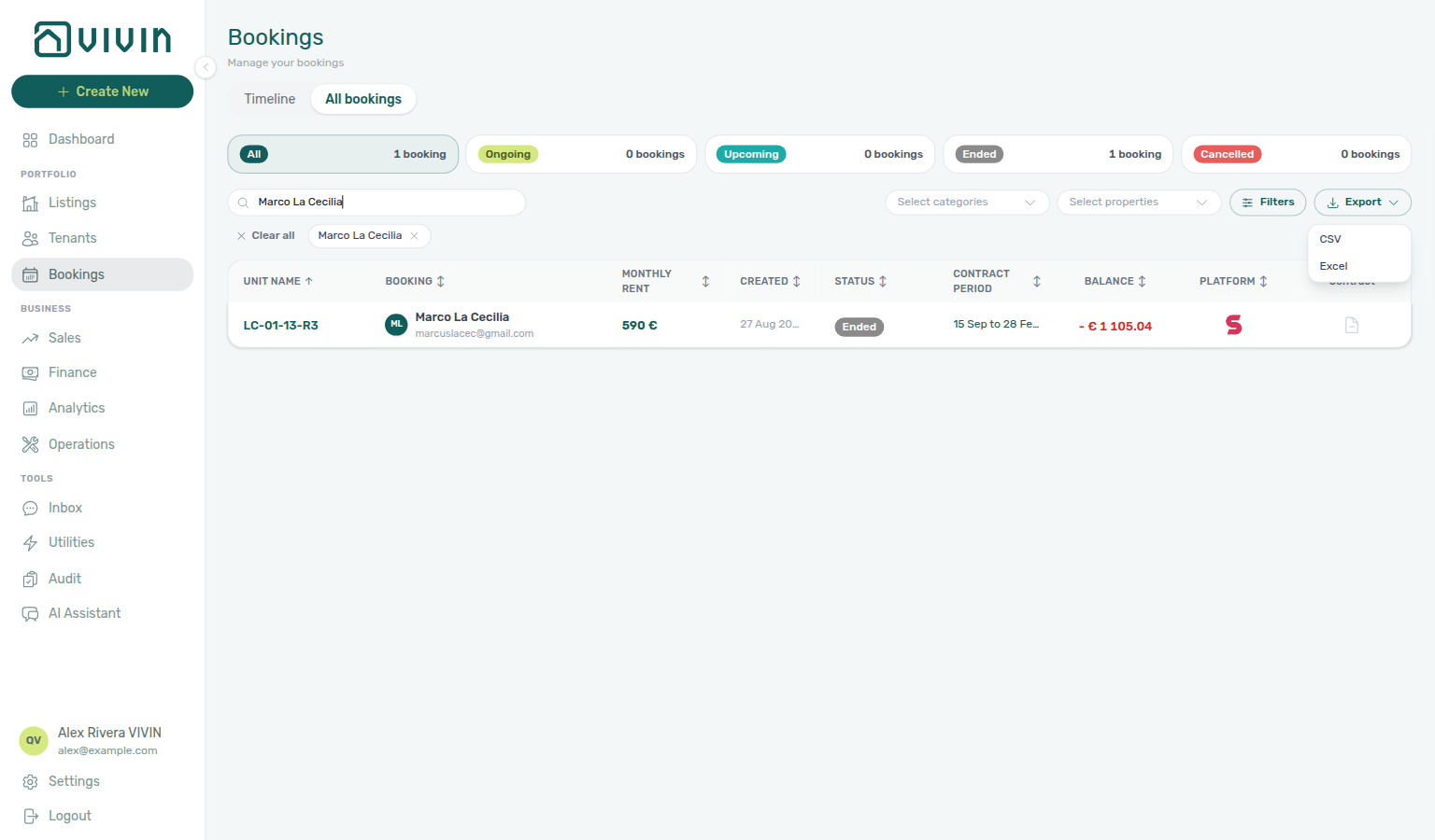 Bookings list — Export menu open (CSV / Excel) with Marco La Cecilia search filter before downloading others columns