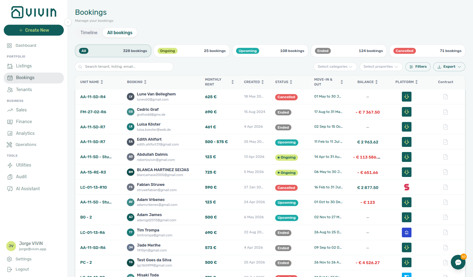 Bookings list — scroll near the bottom while the next portfolio chunk loads (skeleton rows under the table)