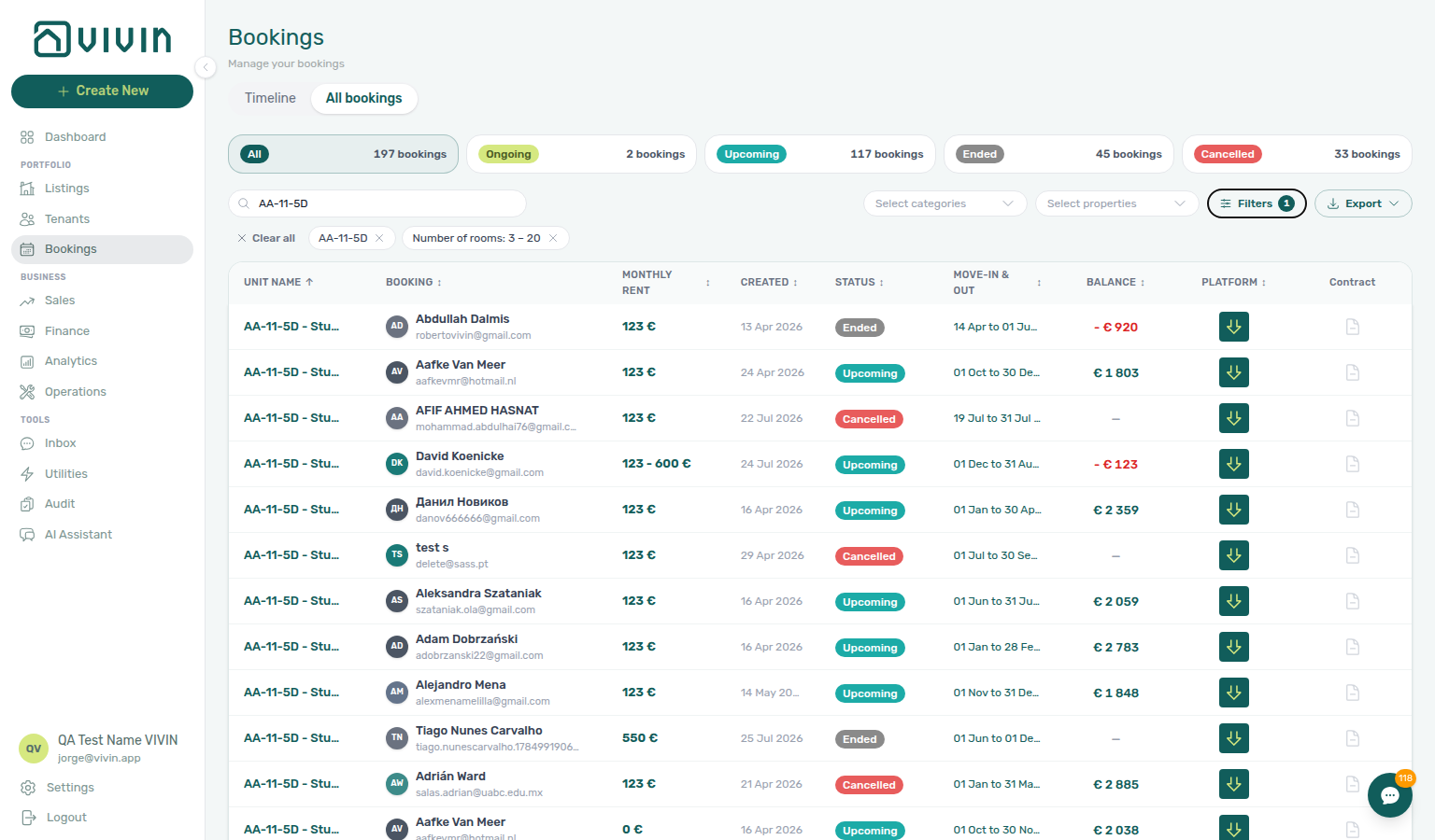 Bookings list — Number of rooms toolbar pill (3 – 20) with property scope AA-11-5D