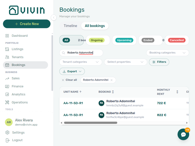 Bookings list — two channel-manager Airbnb stays for the same guest (Upcoming and Cancelled) with Airbnb platform badges