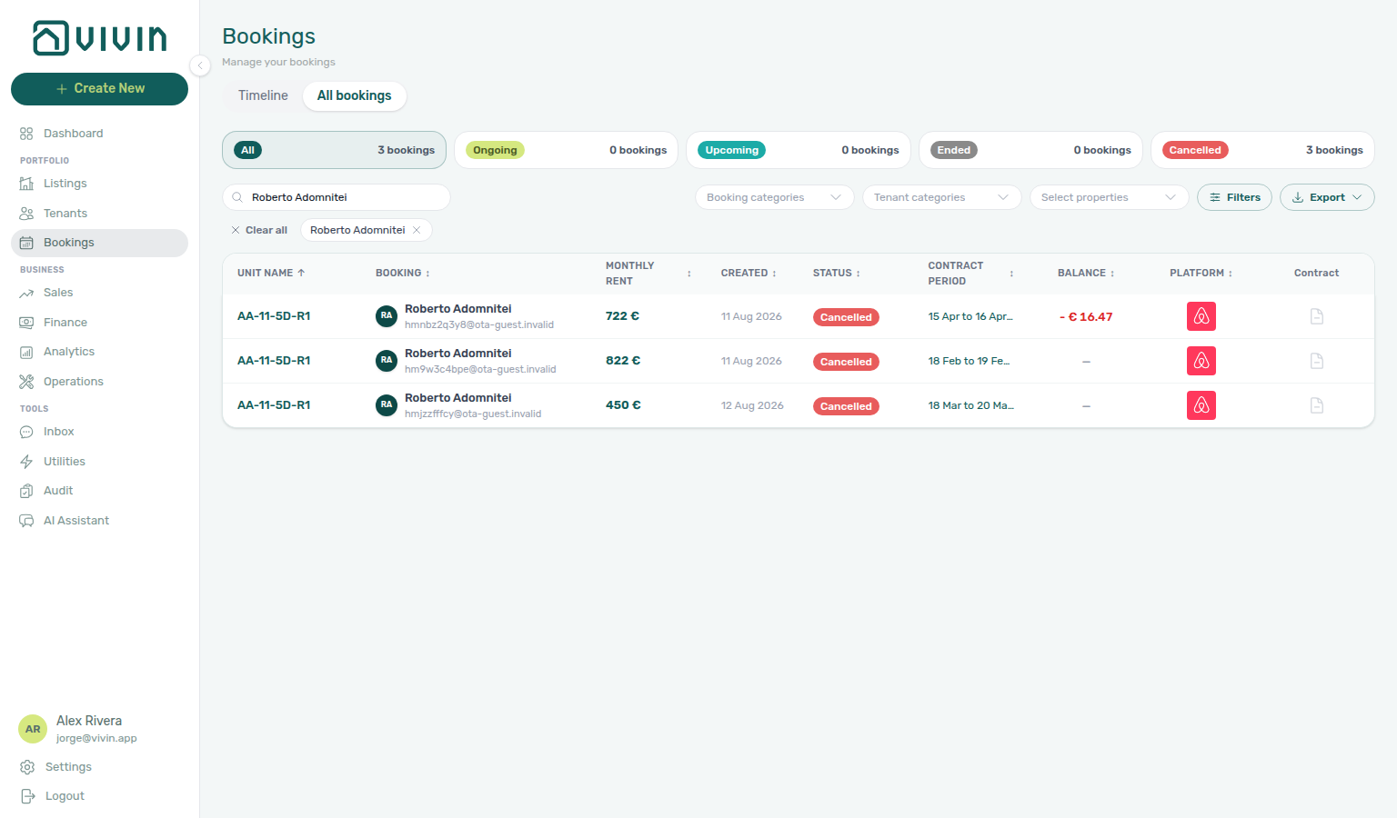 Bookings list — channel-manager stays for Roberto Adomnitei with Airbnb platform logos (search applied)