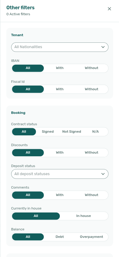 Bookings list — Other filters, Contract status All (Signed, Not Signed, and N/A available)