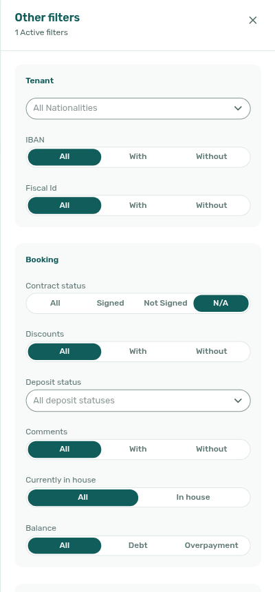 Bookings list — Other filters, Contract status N/A selected for stays with nothing to sign
