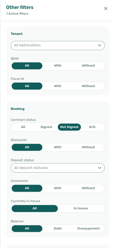 Bookings list — Other filters, Contract status Not Signed selected (1 active filter)
