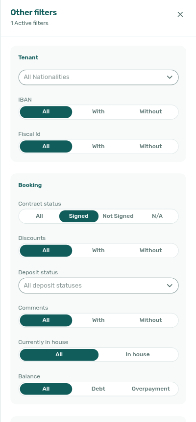 Bookings list — Other filters, Contract status Signed selected (1 active filter)