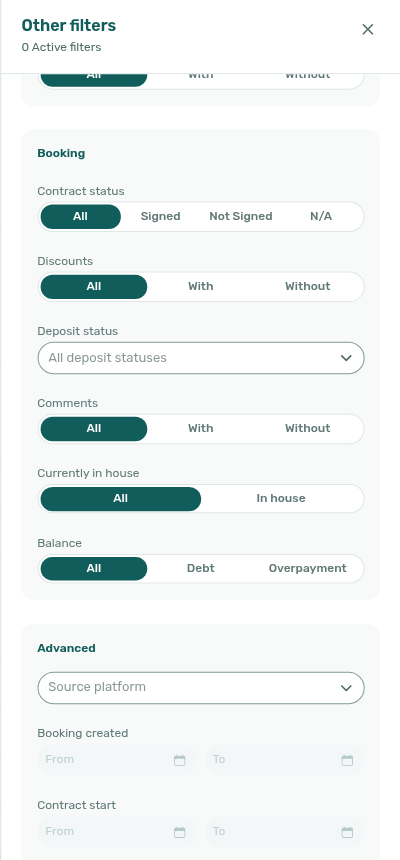 Bookings list — Other filters, Currently in house All (In house available)