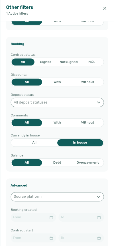 Bookings list — Other filters, Currently in house In house selected (1 active filter)
