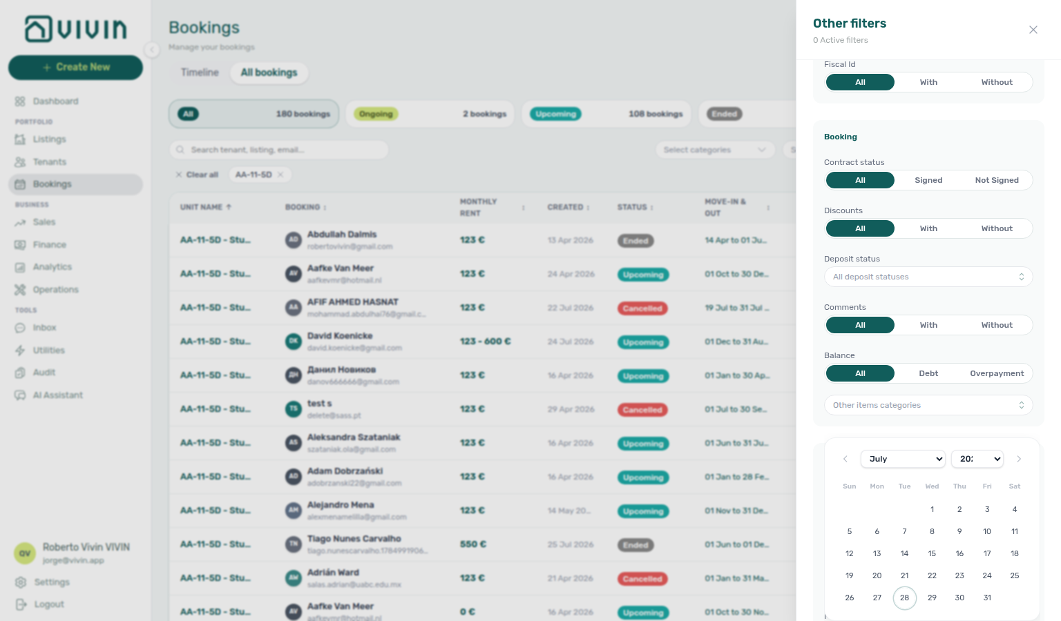 Bookings list — Other filters Advanced date calendar open on Move-out From, fully inside the viewport