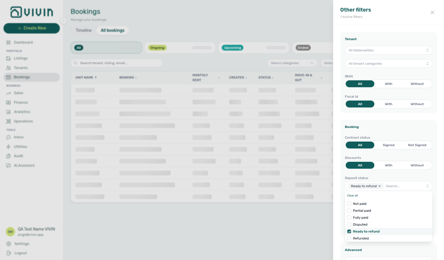 Bookings list — Other filters drawer, Booking section with Deposit status set to Ready to refund