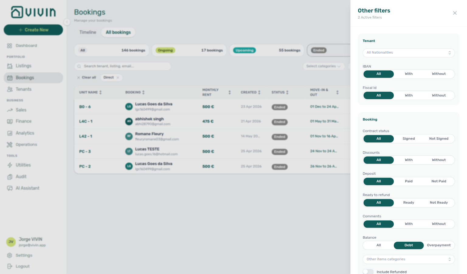 Bookings list — Other filters drawer with Source platform set to narrow imported channel rows