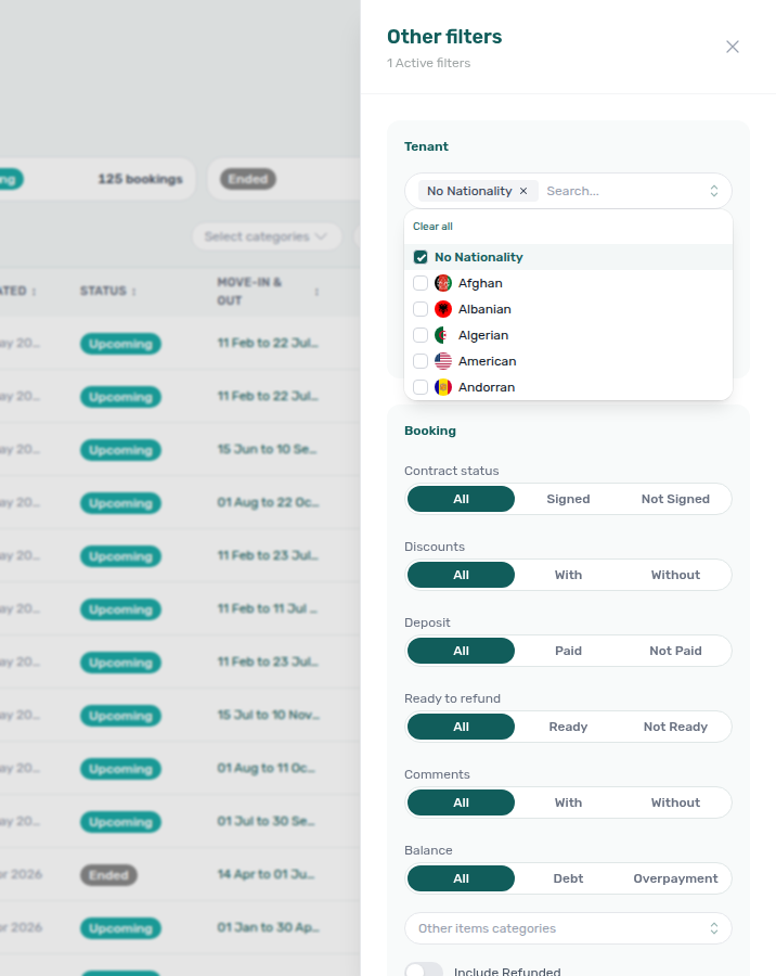 Bookings list — Other filters drawer, Tenant section, All Nationalities multi-select with No Nationality selected