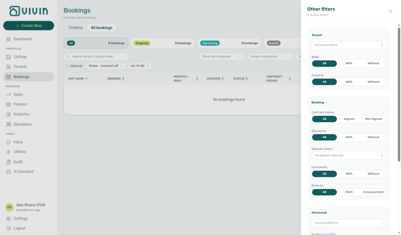 Bookings list — Other filters Tenant section without Tenant category (Nationality, IBAN, Fiscal Id)