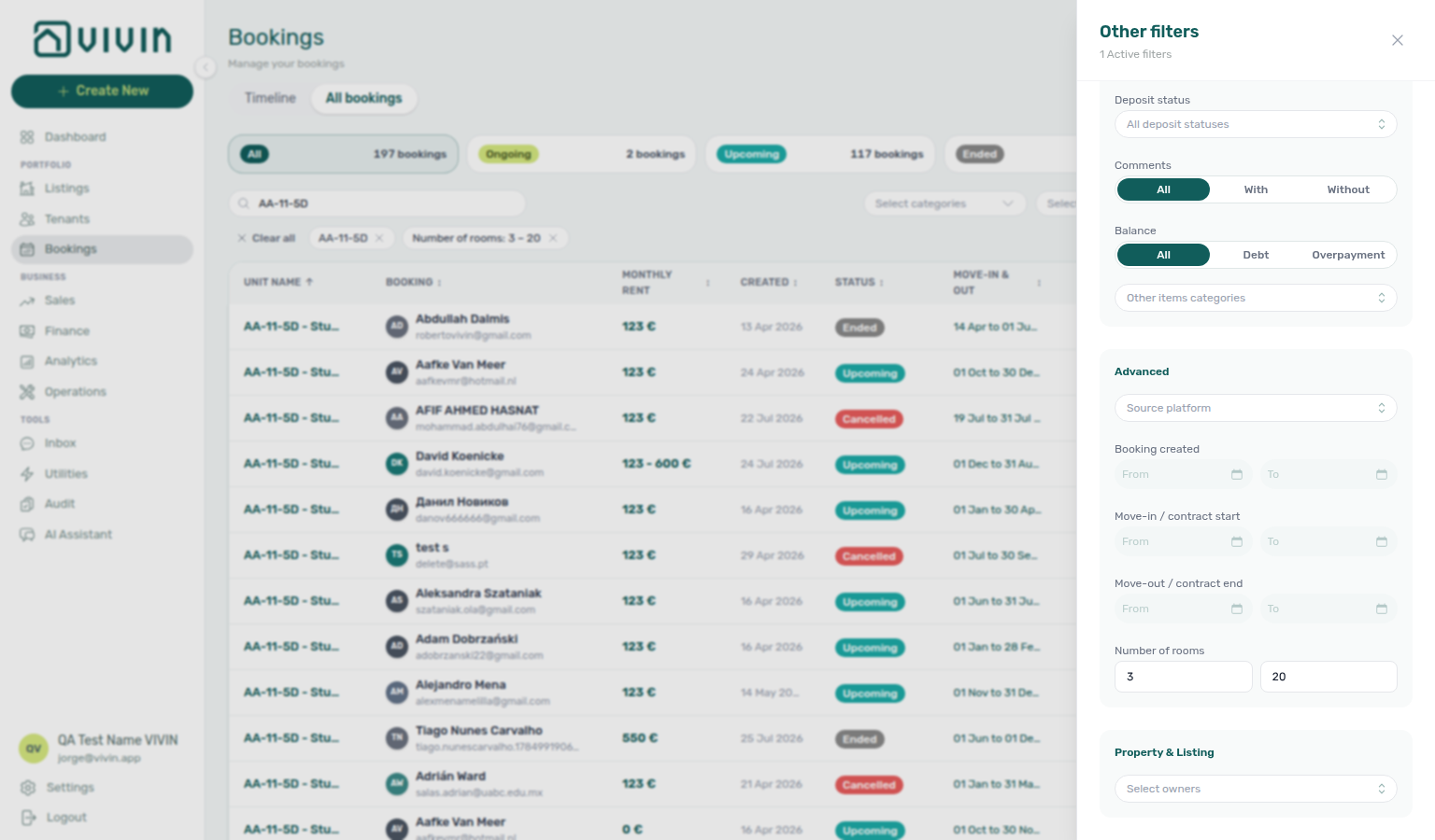 Bookings list — Other filters Advanced with Number of rooms Min 3 and Max 20 filled