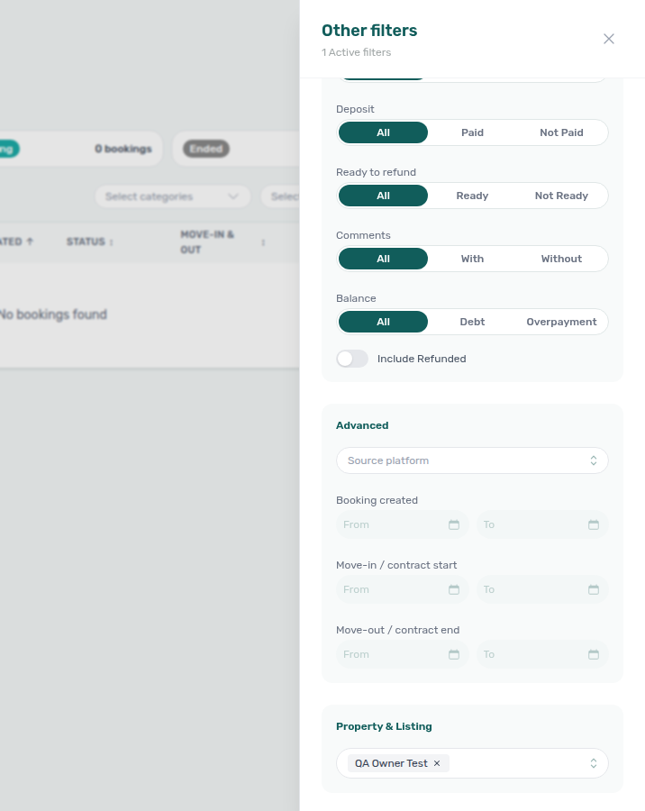 Bookings list — Other filters drawer, Property &amp; Listing Select owners multi-select with an owner ticked (example QA Owner Test)